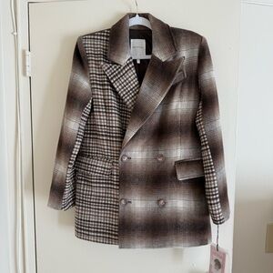 Avec Les Fillies Mixed Plaid Double Breasted Blazer, Fawn, size S, NWT